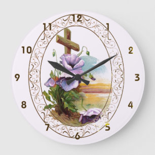 Cross With Purple Flowers Large Clock