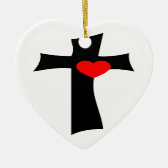 CROSS WITH RED HEART CERAMIC ORNAMENT (Front)