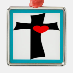 CROSS WITH RED HEART METAL ORNAMENT