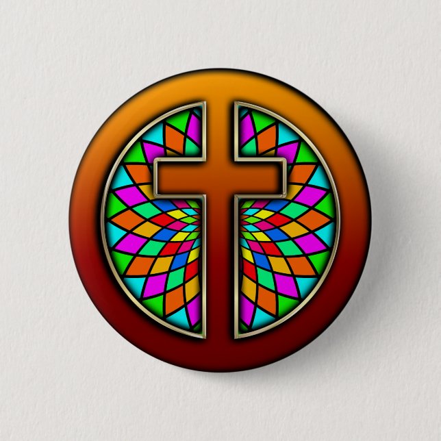 CROSS WITH STAINED GLASS 2 INCH ROUND BUTTON (Front)