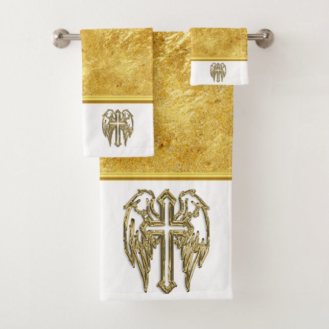 Cross with wings and white and gold foil design bath towel set (Insitu)