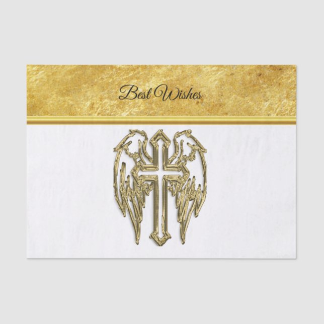 Cross with wings and white and gold foil design tissue paper (Front)