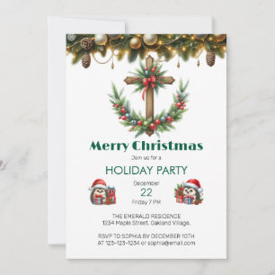 Cross with Wreath and Red Berries Christmas Invitation