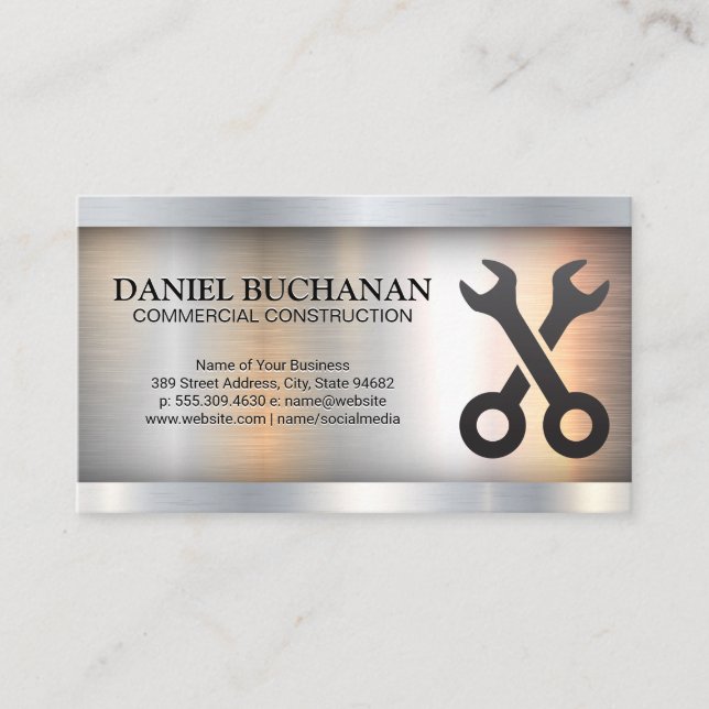 Cross Wrenches | Metallic Industrial Business Card (Front)