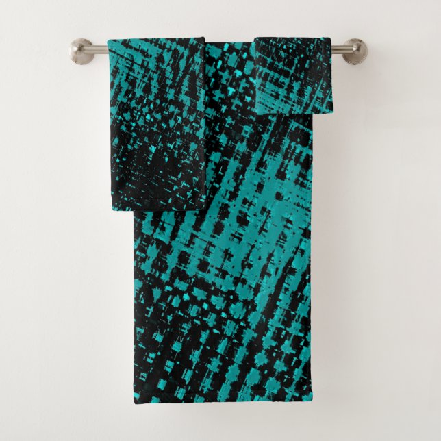 Crossed and bonded cyan or mix of blue and green bath towel set (Insitu)