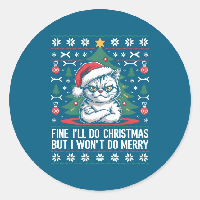 Crossed Arms Cat Funny Christmas Ugly Sweater Long Classic Round Sticker (Front)