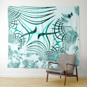 Crossed cyan aqua curved trace on light background tapestry