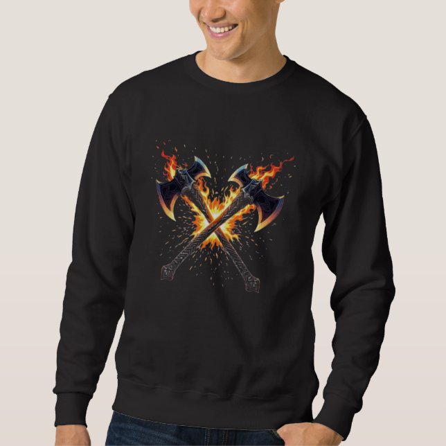 Crossed Fantasy Axes with Fiery Energy – Powerful  Sweatshirt (Front)