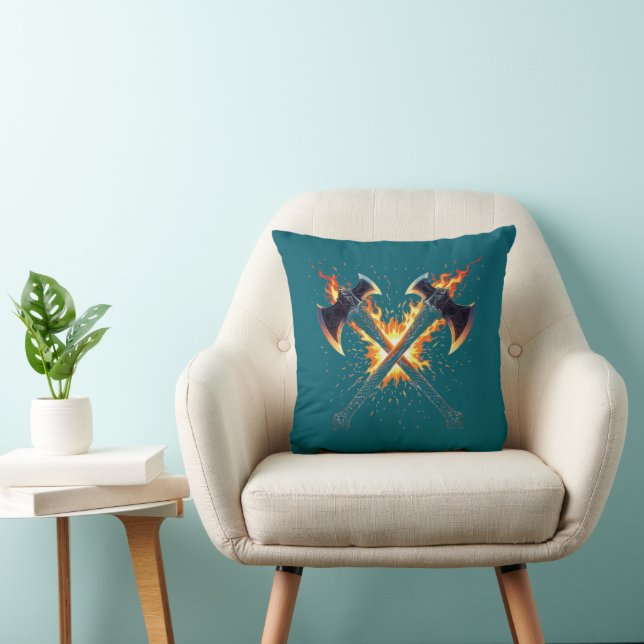 Crossed Fantasy Axes with Fiery Energy – Powerful  Throw Pillow (Chair)