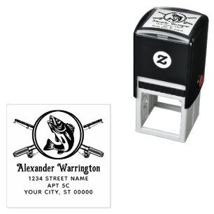 Crossed Fishing Rods Reels, Fish Name Retn Address Self-inking Stamp