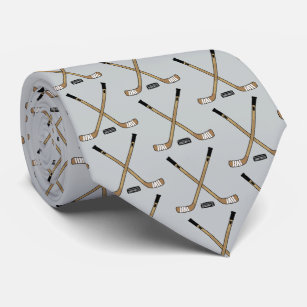 Crossed Hockey Sticks and Puck on silver grey Tie