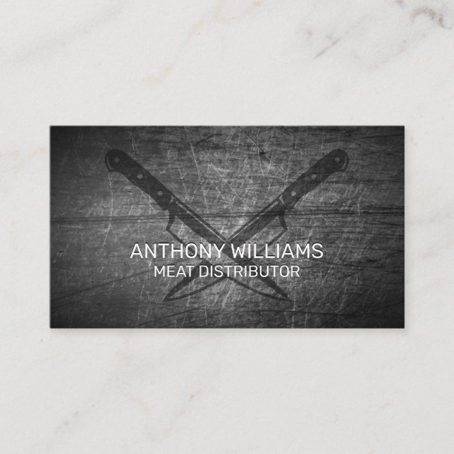 Crossed Knives | Scratched Metal Business Card (Front)
