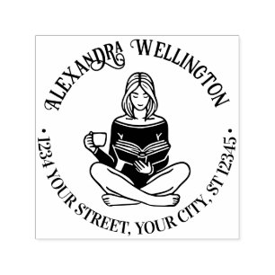 Crossed Legged Girl Reading #2 Name Return Address Self-inking Stamp