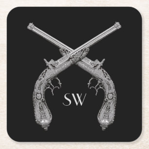 Crossed Pistol Monogram Square Paper Coaster