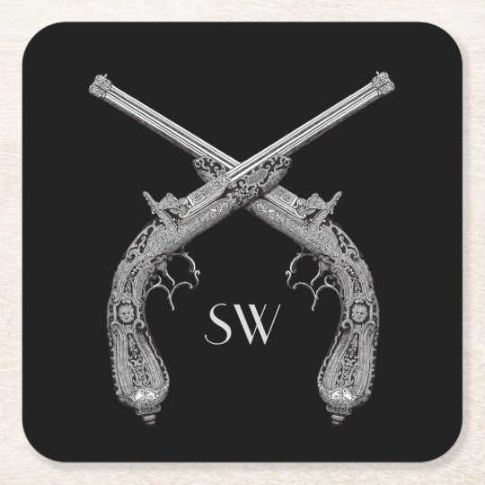 Crossed Pistol Monogram Square Paper Coaster