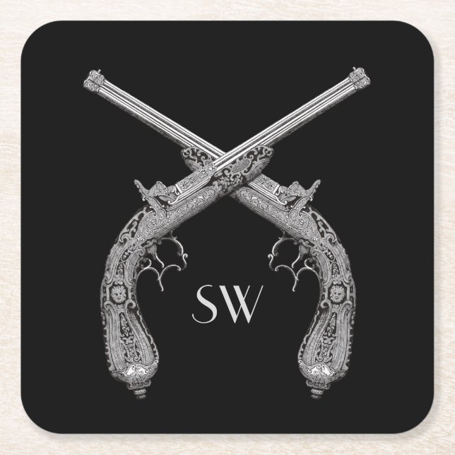 Crossed Pistol Monogram Square Paper Coaster (Front)