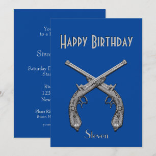 Crossed Pistols Blue Birthday Party Invitation