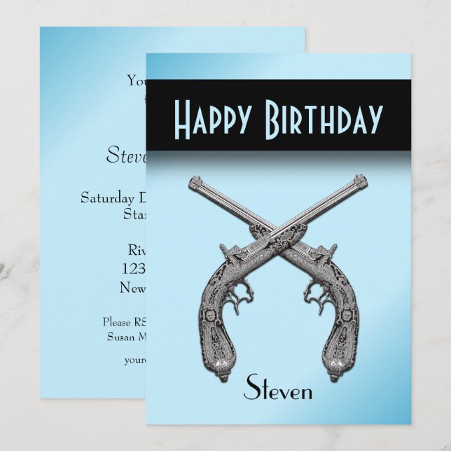 Crossed Pistols Blue Birthday Party Invitation (Front/Back)