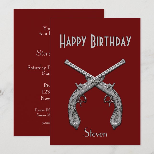 Crossed Pistols Dark Red Birthday Party Invitation (Front/Back)