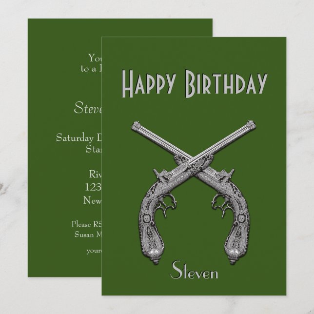 Crossed Pistols Green Birthday Party Invitation (Front/Back)