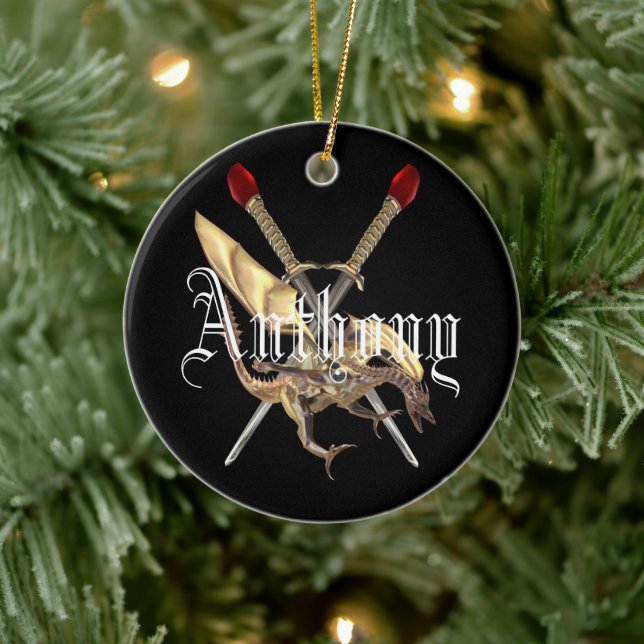 Crossed Swords With Dragon Personalized Ceramic Ornament (Tree)