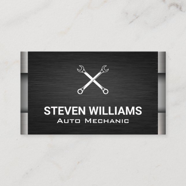 Crossed Wrenches | Metallic Black Silver  Business Card (Front)