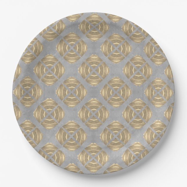 Crosses and Circles Grey Gold Geometric Pattern Paper Plate (Front)