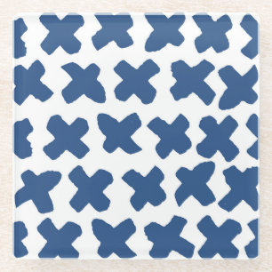 Crosses Shibori: Indigo Batik Pattern Glass Coaster