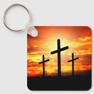 Crosses, Sunset Silhouettes Painting-67137 Keychain