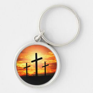 Crosses, Sunset Silhouettes Painting-67137 Keychain