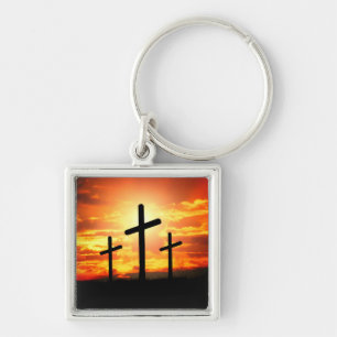 Crosses, Sunset Silhouettes Painting-67137 Keychain