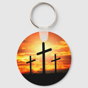 Crosses, Sunset Silhouettes Painting-67137 Keychain