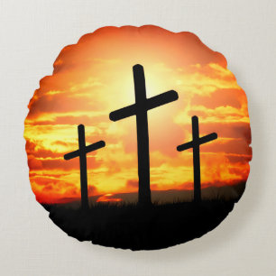 Crosses, Sunset Silhouettes Painting-67137 Round Pillow