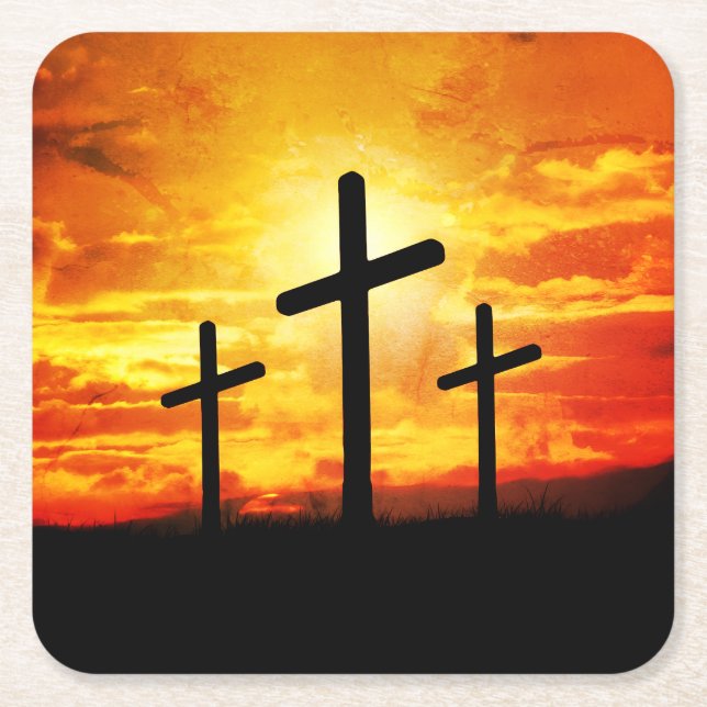 Crosses, Sunset Silhouettes Painting  Square Paper Coaster (Front)