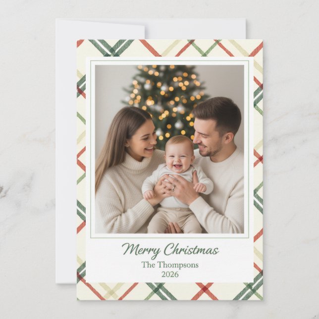 Crosshatch Plaid Custom Family Photo Christmas Card (Front)