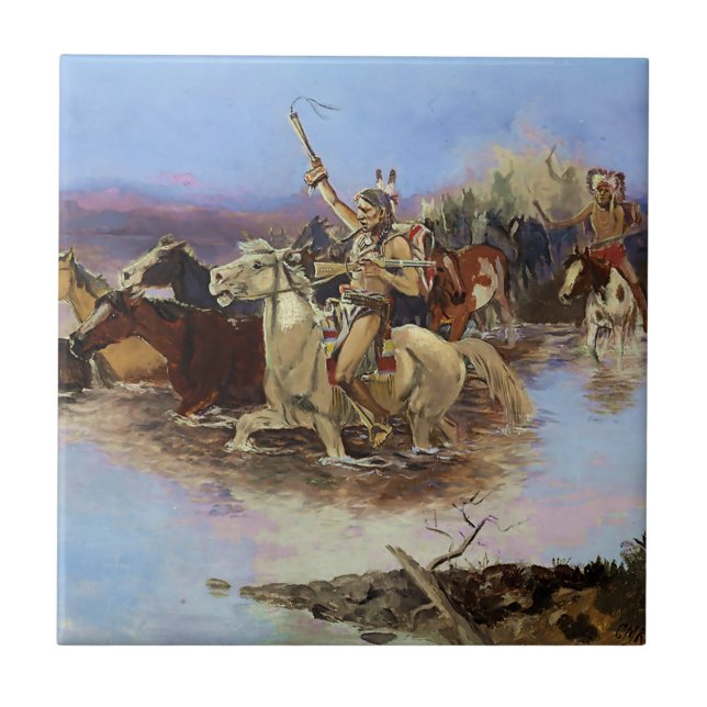 “Crossing the River” by Charles M Russell Tile (Front)