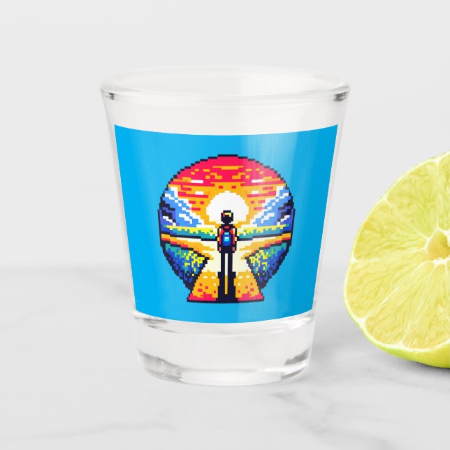 Crossroads at Sunset Thoughtful Pixel Art Journey Shot Glass (Front)