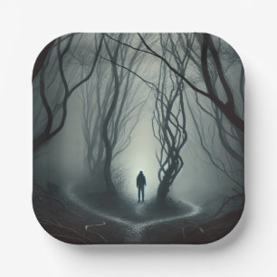 Crossroads in the Fog - Gloomy Forest Art Print Paper Plate