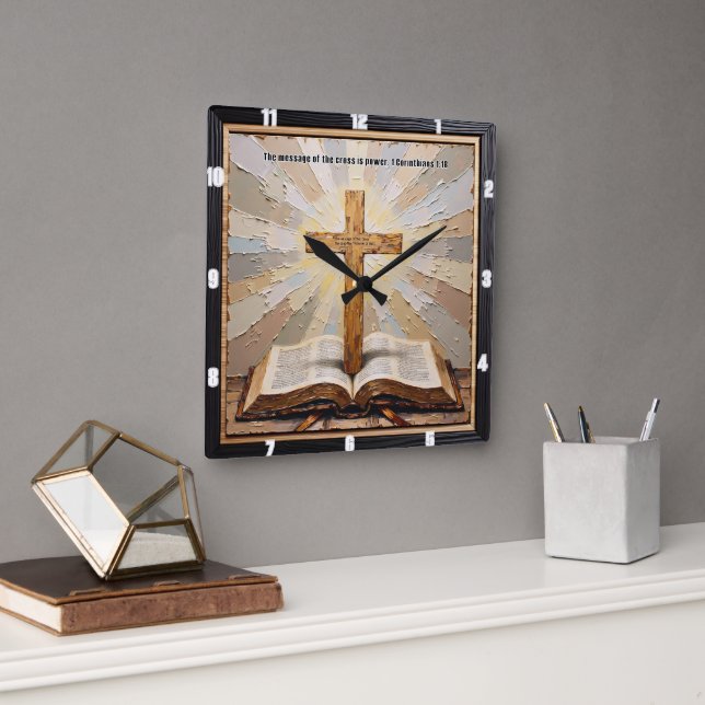 Cross's Power: Word Revealed True Square Wall Clock (Office)
