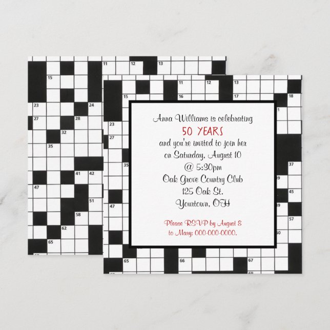 crossword puzzle-birthday party invite (Front/Back)