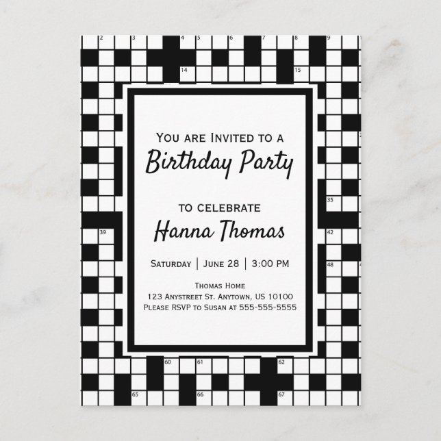 Crossword Puzzle Theme Birthday Invitation Postcar Postcard (Front)