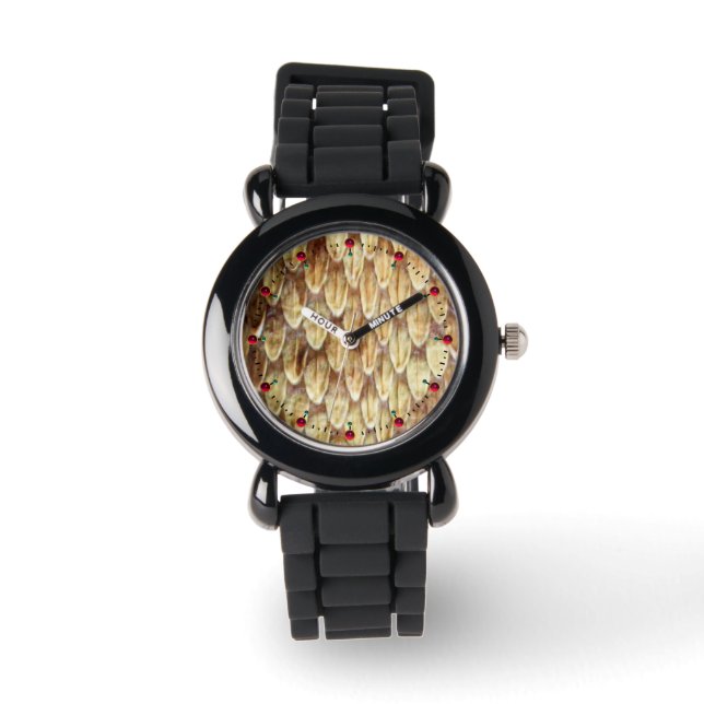 CROTALUS, PRINTED RATTLESNAKE SKIN Cream Brown Wat Watch (Front)