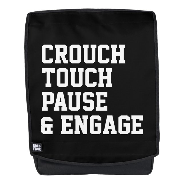 Crouch touch pause engage rugby saying sport backpack (Front)