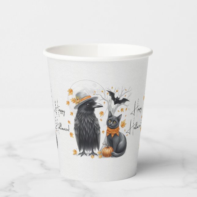 Crow and cat "Happy Halloween!" Crow Paper Cups (Left)