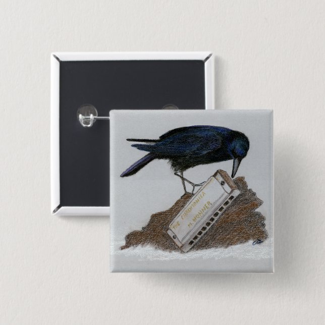 Crow and Harmonica 2 Inch Square Button (Front & Back)