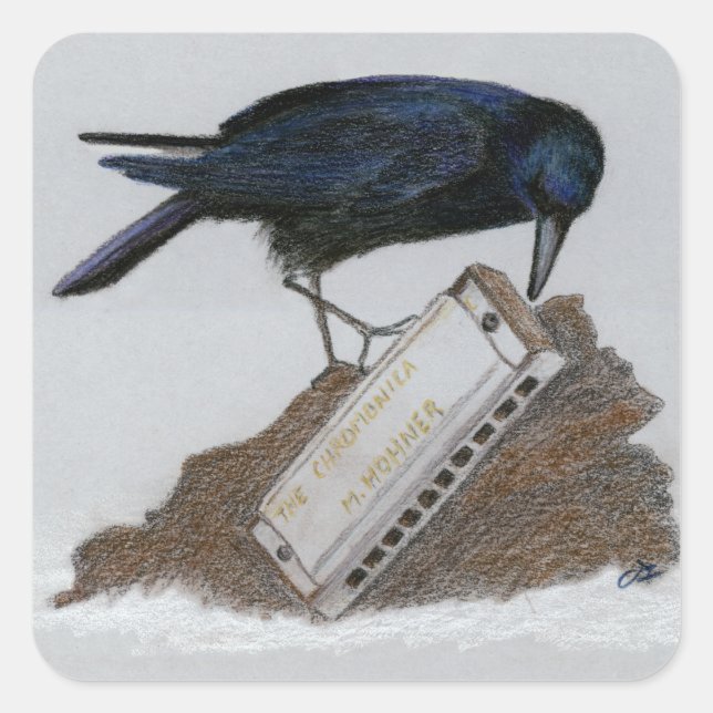 Crow and Harmonica Square Sticker (Front)