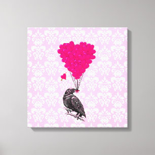 Crow and heart on pink damask canvas print