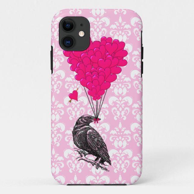 Crow and heart on pink damask Case-Mate iPhone case (Back)