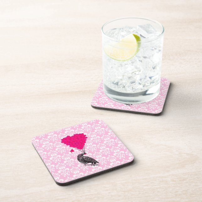 Crow and heart on pink damask coaster (Right Side)