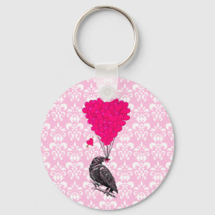 Crow and heart on pink damask keychain